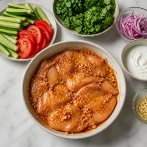 Marinated chicken with prepared vegetables, herbs, and yogurt nearby
