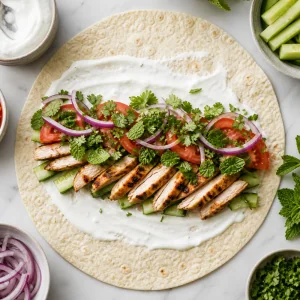Open lavash layered with yogurt sauce, chicken, vegetables, and herbs