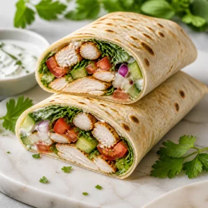 Rolled lavash chicken wrap cut in half with filling visible