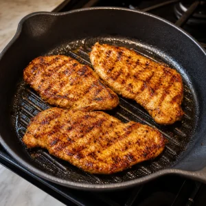 Seasoned chicken cutlets browning in a grill pan