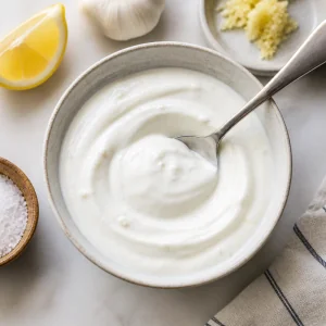 Smooth yogurt sauce in a bowl with lemon and garlic nearby