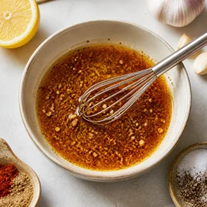 Spiced lemon and olive oil marinade in a bowl with a whisk