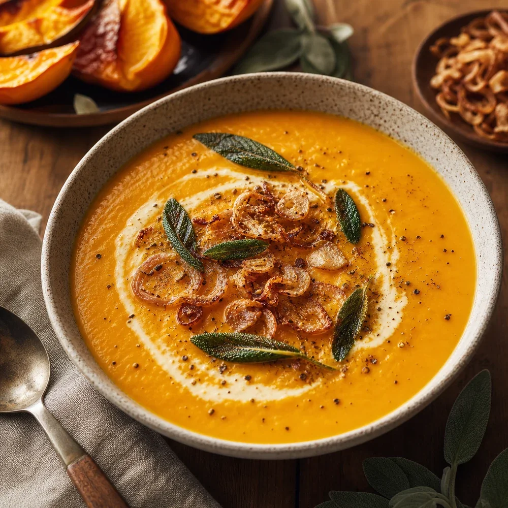 Sopa Aromática de Abóbora com Salva Crocante e Cebolinha Frita