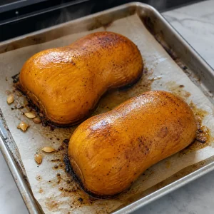 Metades de abobora butternut assadas com o corte para baixo ate ficarem macias e caramelizadas