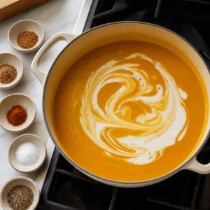 Creme de leite em espiral na sopa lisa de abobora butternut com especiarias ao lado