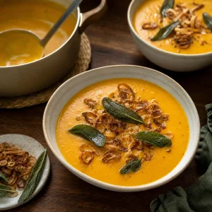 Sopa quente de abobora butternut servida em tigelas com salvia crocante e chalotas fritas