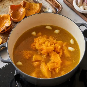 Polpa de abobora assada colocada na panela com caldo de legumes e alho amassado