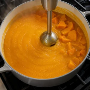 Mistura de abobora butternut cozida e batida ate ficar lisa com mixer de imersao