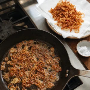 Aneis finos de chalota fritando na manteiga ate ficarem dourados e crocantes