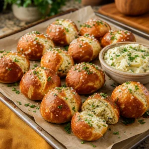 Baked golden artichoke dip stuffed pretzel bites served warm with parsley garnish