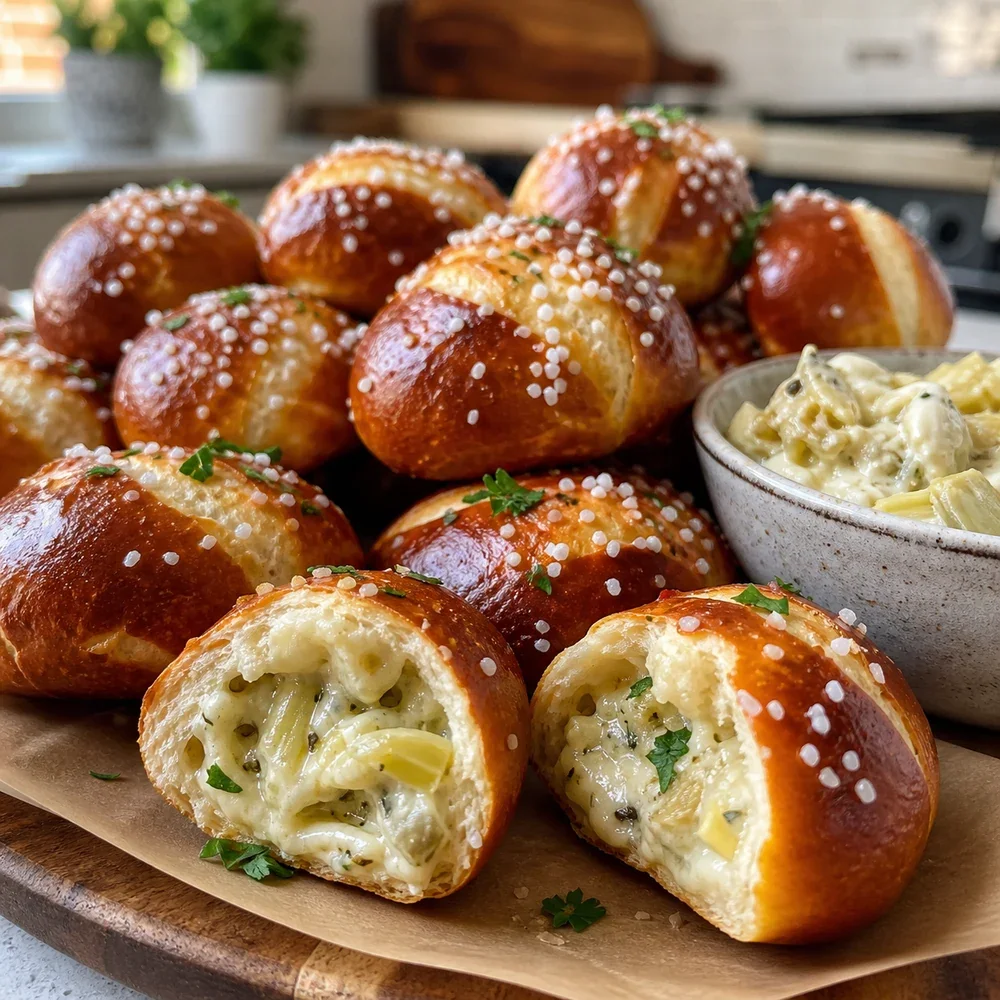 Finished artichoke dip stuffed pretzel bites with creamy filling and parsley