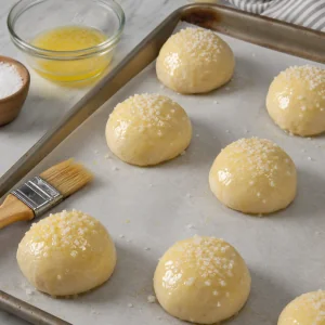 Raw stuffed pretzel balls brushed with melted butter and sprinkled with coarse salt
