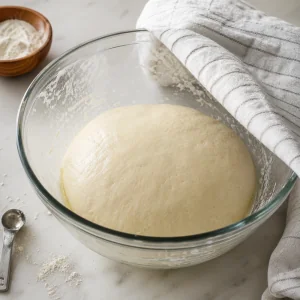 Smooth pretzel dough rising in an oiled bowl after yeast and flour are mixed