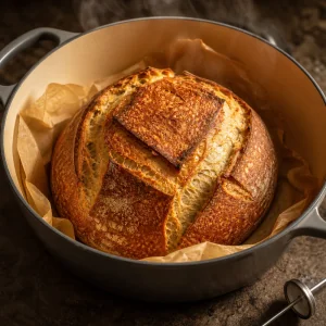 Deep golden gluten-free sourdough loaf baking uncovered in a Dutch oven