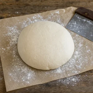 Fermented dough shaped into a smooth round boule on floured parchment