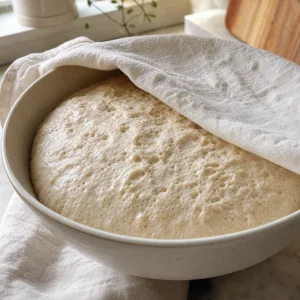 Fermented gluten-free sourdough dough risen and aerated under a cloth