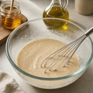 Sourdough starter mixed with psyllium gel honey and olive oil in a large bowl