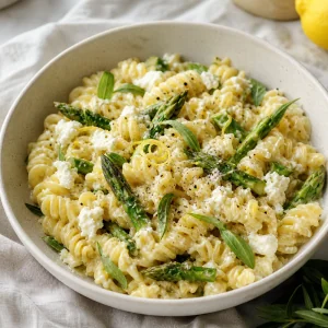 Finished asparagus, lemon and goat cheese pasta in a bowl