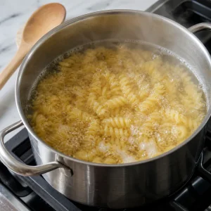Spiral pasta cooking in boiling water