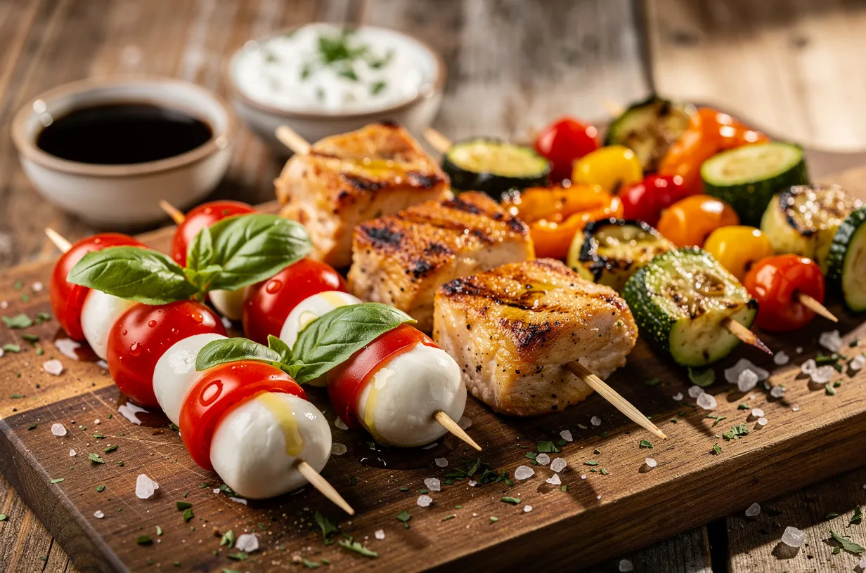 Bunte Mini-Spieße: Caprese, Zitrus-Hähnchen & Gemüse