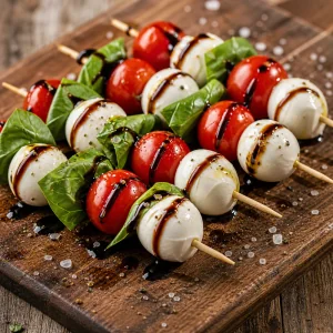 Caprese-Spiesse mit Tomate, Basilikum, Mozzarella und Balsamico-Glasur