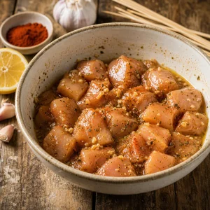Haehnchenwuerfel in Zitronen-Knoblauch-Marinade
