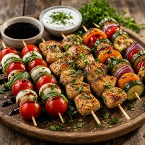 Fertige Platte mit Caprese-, Haehnchen- und Gemuese-Spiessen