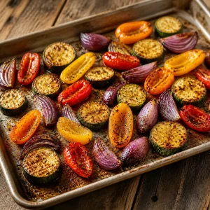 Geroestete Zucchini, Mini-Paprika und rote Zwiebel auf einem Blech