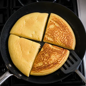 Quartered pancake pieces flipped in the skillet