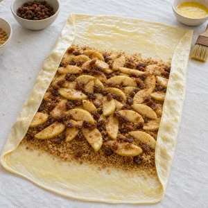 Apple filling and rum soaked raisins spread over breadcrumb covered dough