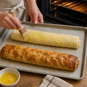 Apple strudel brushed with melted butter and baked until golden