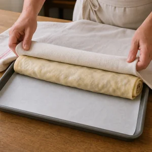 Filled strudel dough being rolled with a cotton cloth onto a baking sheet