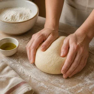 Hands kneading smooth elastic strudel dough on a floured cloth