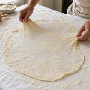 Paper thin strudel dough stretched on a floured cotton cloth