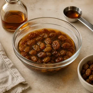 Raisins soaking in dark rum in a small glass bowl