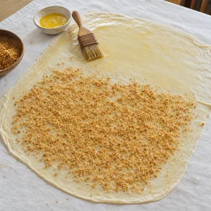 Stretched dough brushed with butter and sprinkled with toasted breadcrumbs
