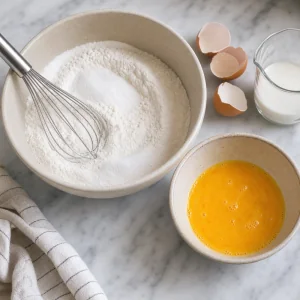 Flour, sugar, and salt whisked with beaten eggs ready beside the bowl