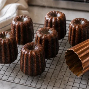 Freshly unmolded Bordeaux cannelés cooling on a wire rack