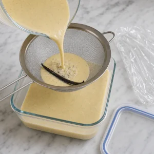 Vanilla cannelé batter strained through a fine mesh sieve into a clean container