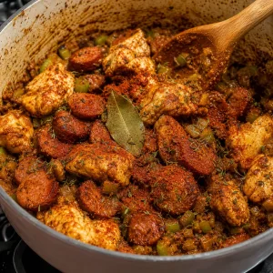 Hähnchen und Wurst kommen mit Cajun-Gewürzen und Lorbeerblatt zurück in den Topf