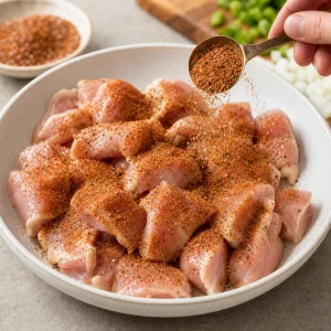 Hähnchenstücke mit Cajun-Gewürz, Salz und schwarzem Pfeffer gewürzt