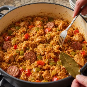 Gegarte Jambalaya wird nach dem Ruhen mit einer Gabel aufgelockert