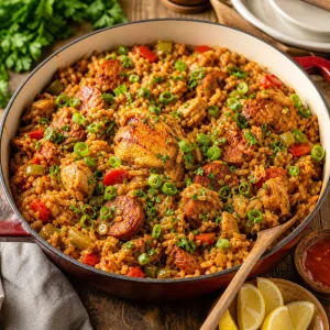 Fertige Cajun-Jambalaya mit Hähnchen und Wurst, garniert mit Petersilie und Frühlingszwiebeln