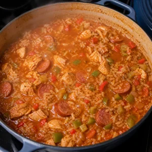 Jambalaya köchelt mit Reis, Hähnchen, Wurst und Gemüse