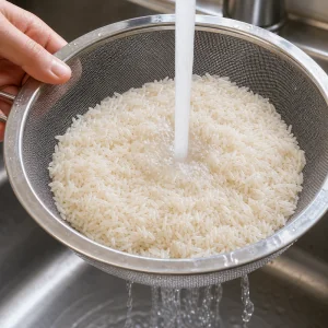 Langkornreis wird in einem feinen Sieb unter kaltem Wasser gespült