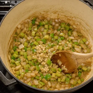 Zwiebel, Paprika, Sellerie und Knoblauch werden in der Mehlschwitze weich