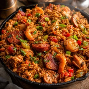 Finished Cajun-style jambalaya with shrimp and andouille sausage