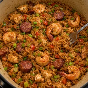Finished jambalaya fluffed with green onions before serving