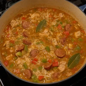 Jambalaya mixture bubbling before covered simmering
