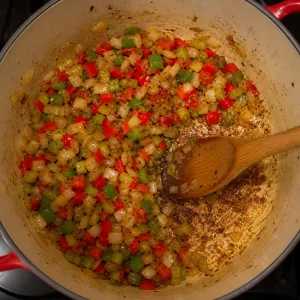 Onion bell pepper and celery sauteed with browned bits